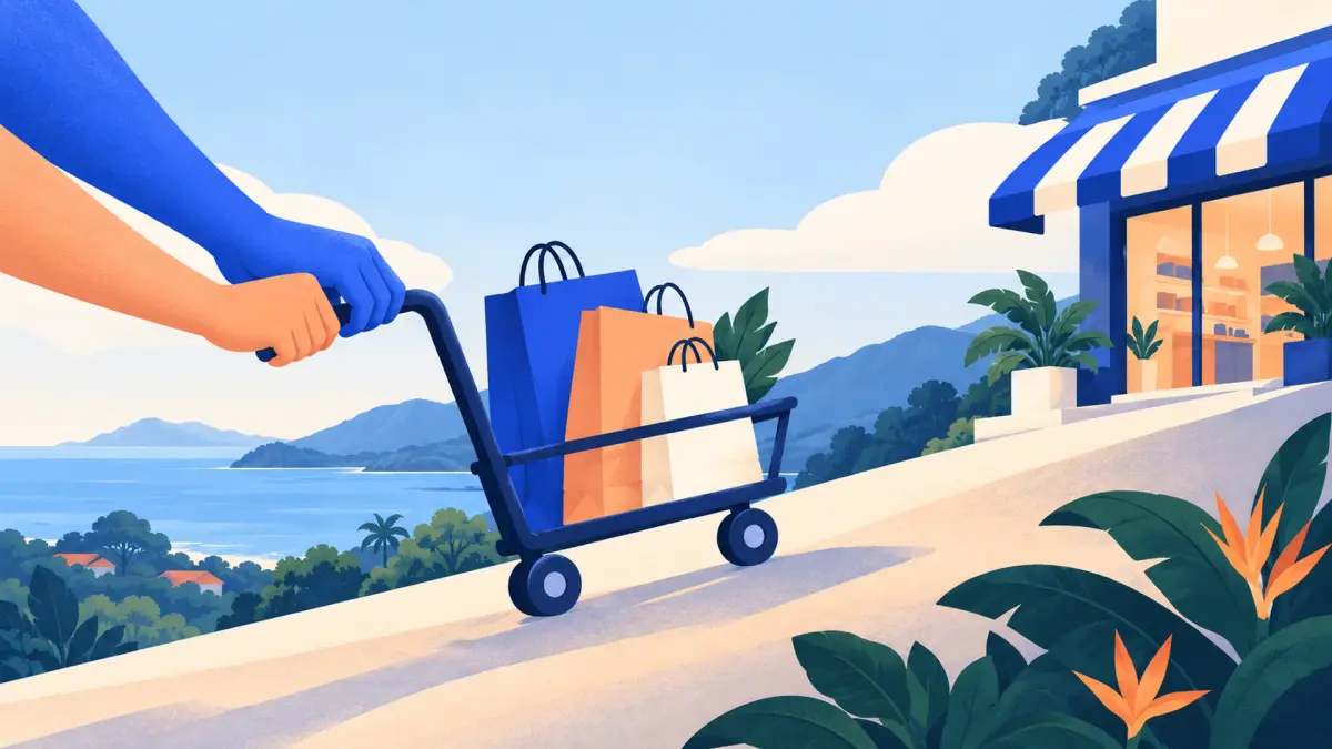 Dos manos empujan juntas un carrito con bolsas de compras hacia una tienda