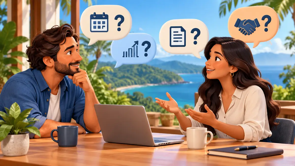 Dos personas conversan en una mesa con burbujas de preguntas sobre calendario, resultados, documentos y acuerdos