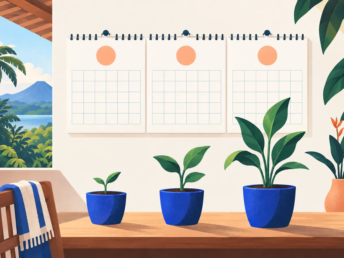 Un calendario con tres meses marcados y una planta que crece cada mes