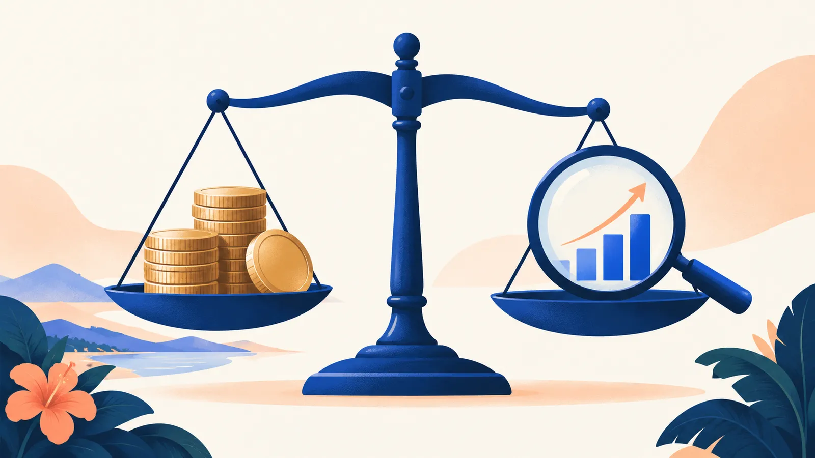 Una balanza con monedas de colones de un lado y una lupa con un gráfico creciente del otro