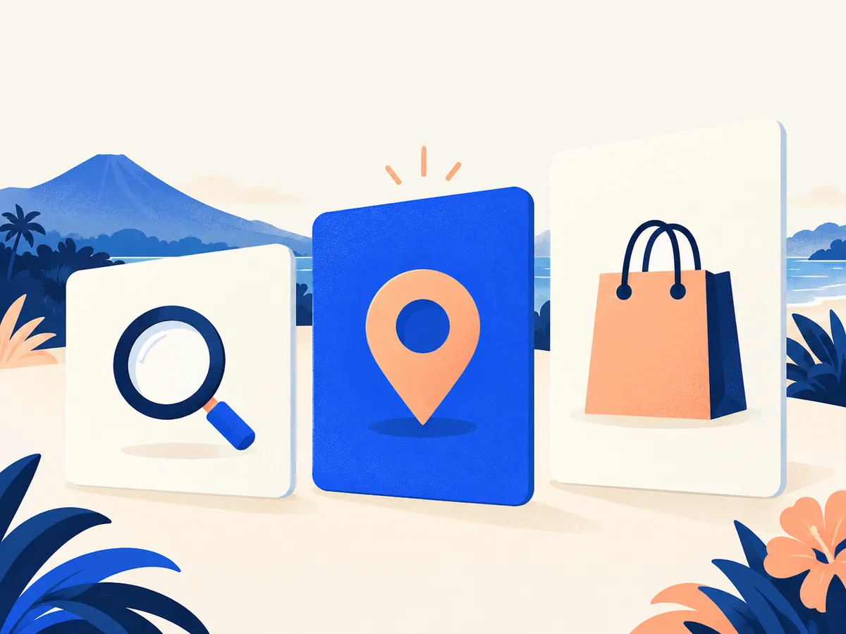Tres tarjetas de planes con una lupa, un pin de mapa y una bolsa de compras