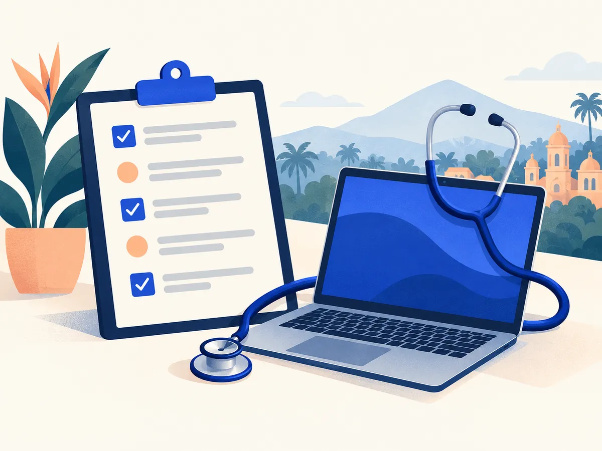 Una lista de verificación con puntos marcados y un estetoscopio junto a una laptop