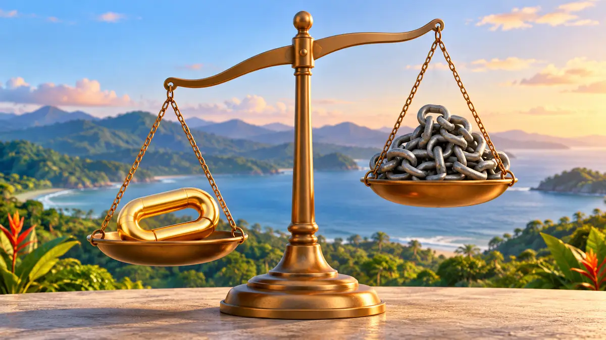 Una balanza con un eslabón de oro que pesa más que un montón de cadenas grises