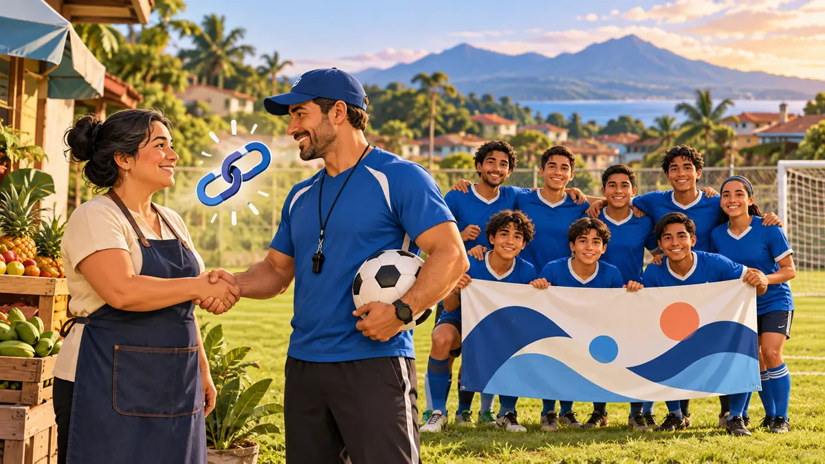 Una comerciante da la mano al entrenador de un equipo de fútbol local que ella patrocina