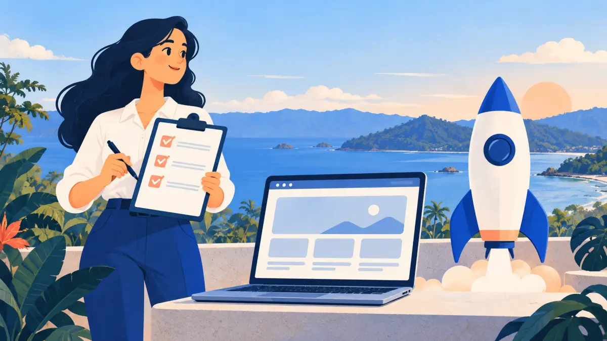 Una persona con una lista de verificación junto a una laptop y un cohete listo para despegar