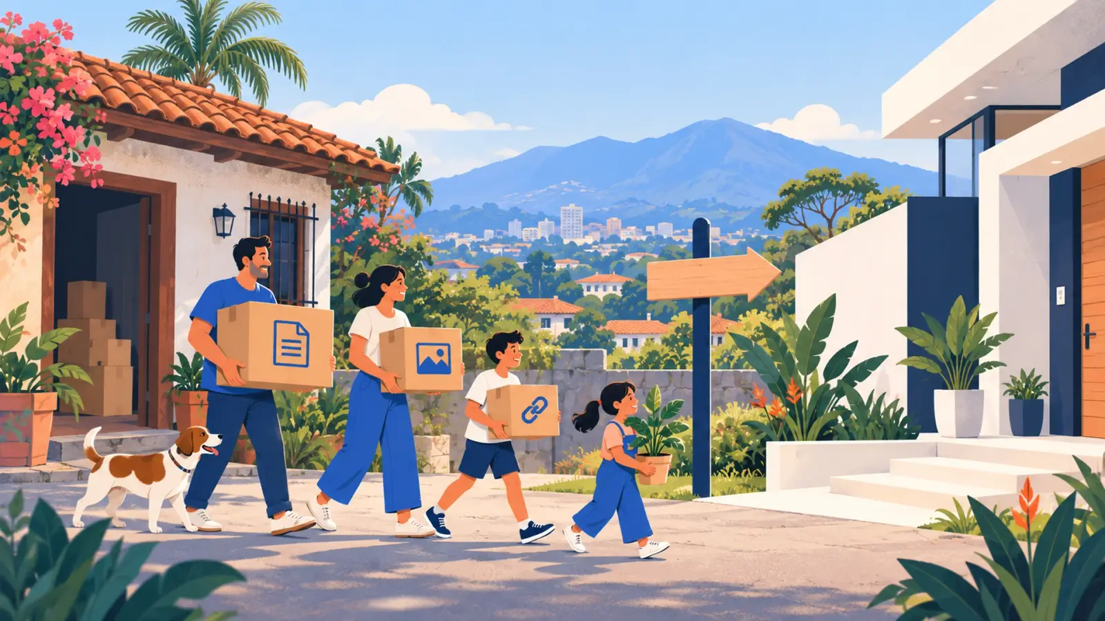 Una familia lleva cajas con íconos web de una casa vieja a una casa nueva