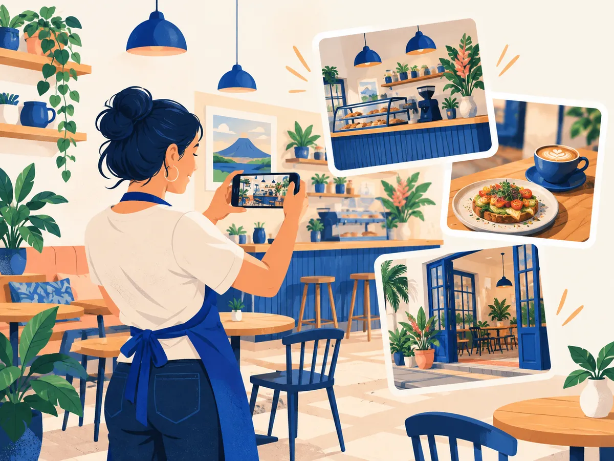 Una dueña de cafetería fotografiando su local con el teléfono
