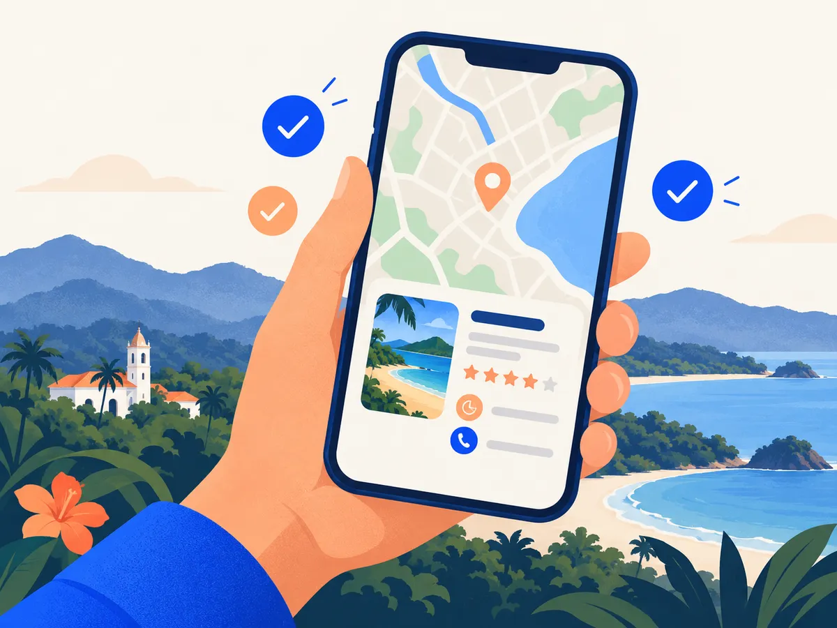 Un teléfono con un mapa, un pin destacado y una ficha de negocio con estrellas