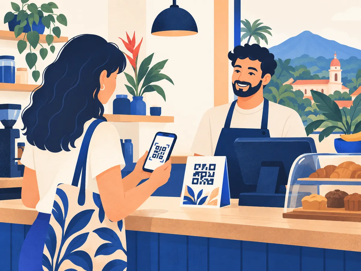 Una clienta escanea un código QR en el mostrador de una cafetería para dejar una reseña