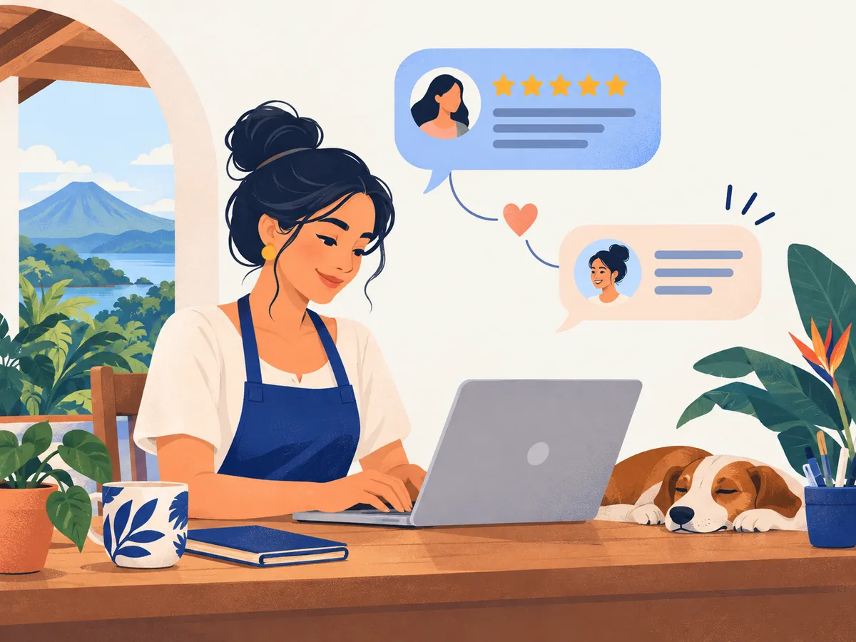Una dueña de negocio responde reseñas desde su computadora