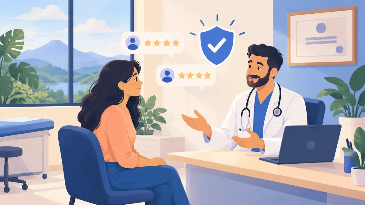Un médico conversa con una paciente en un consultorio, con un escudo de confianza y calificaciones con estrellas