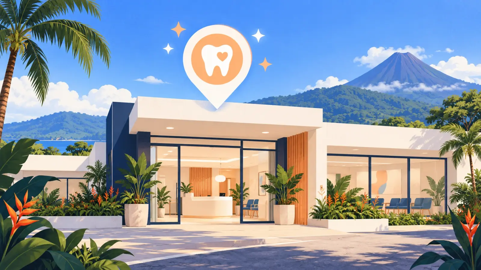 La entrada de una clínica moderna con un pin de mapa con un diente y un corazón