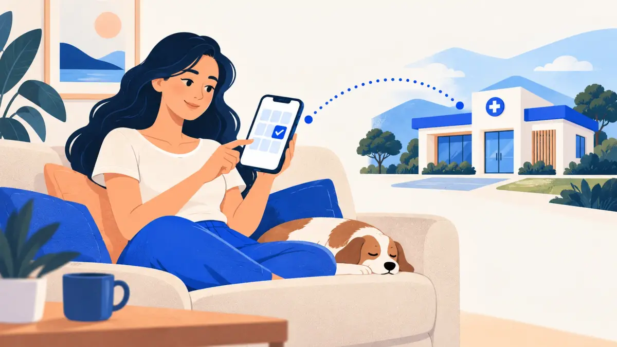 Una paciente agenda una cita desde su celular en el sofá de su casa