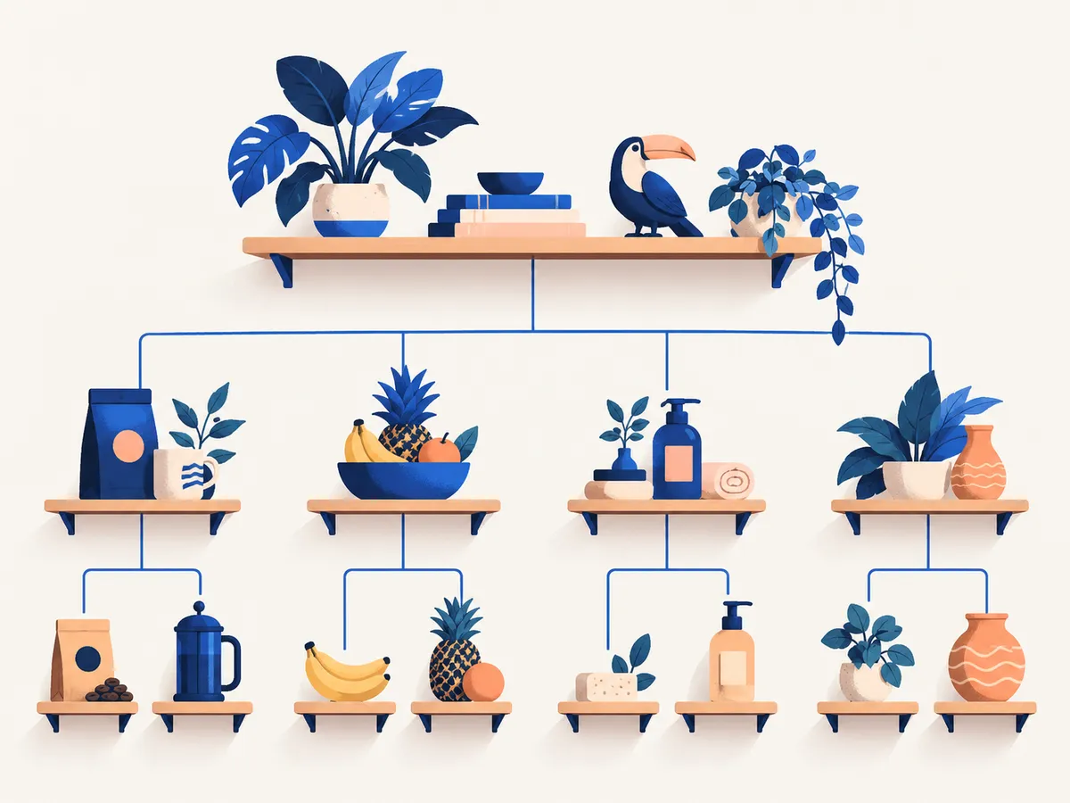 Un árbol de estantes: una categoría principal que se divide en subcategorías y productos