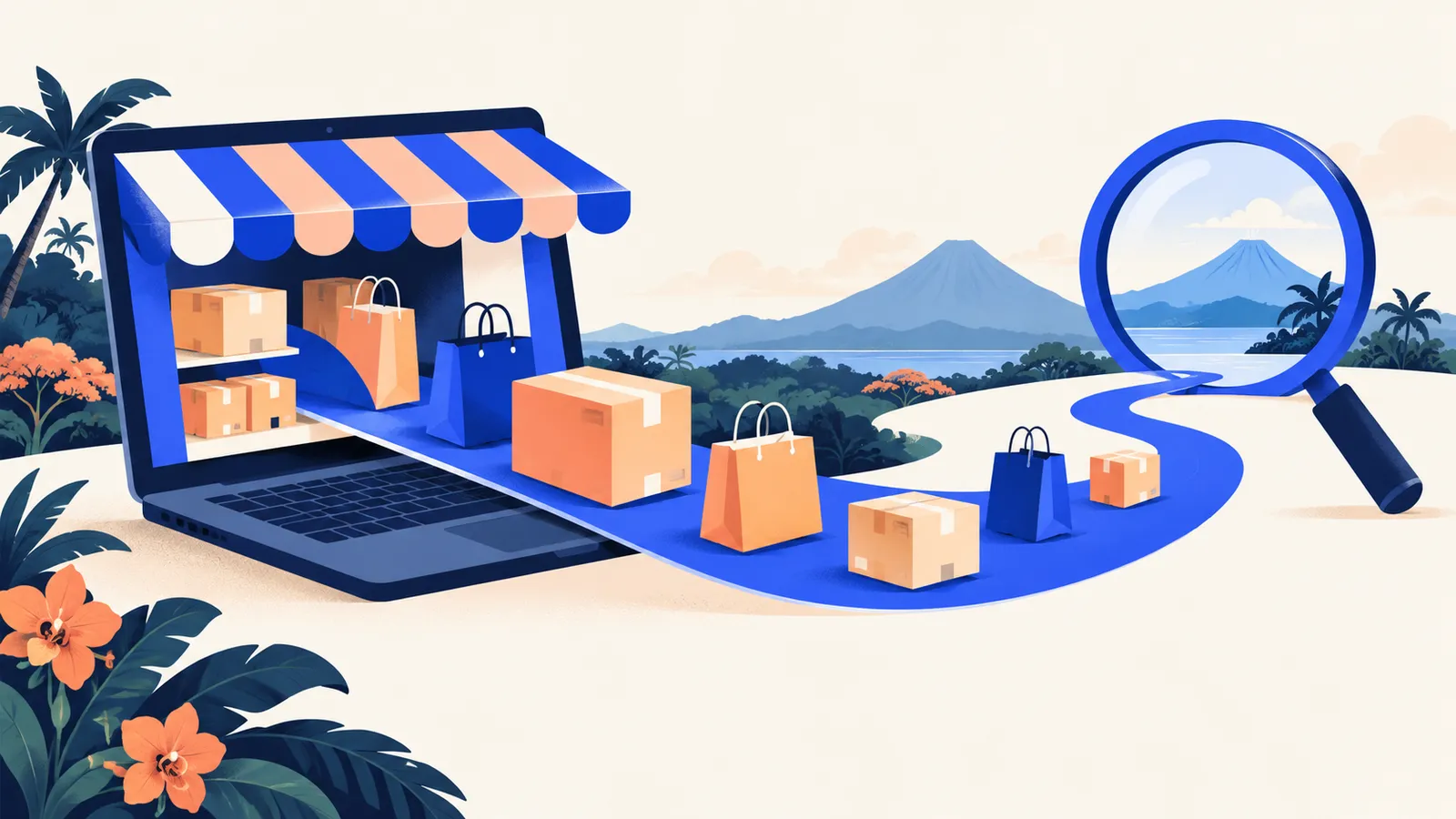 Una laptop convertida en tienda, de la que salen cajas y bolsas hacia una lupa