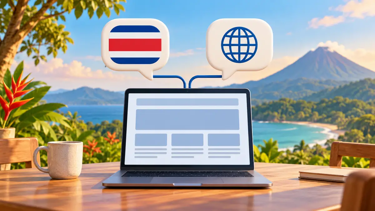 A laptop with one website connected to two speech bubbles, one with the Costa Rican flag and one with a globe
