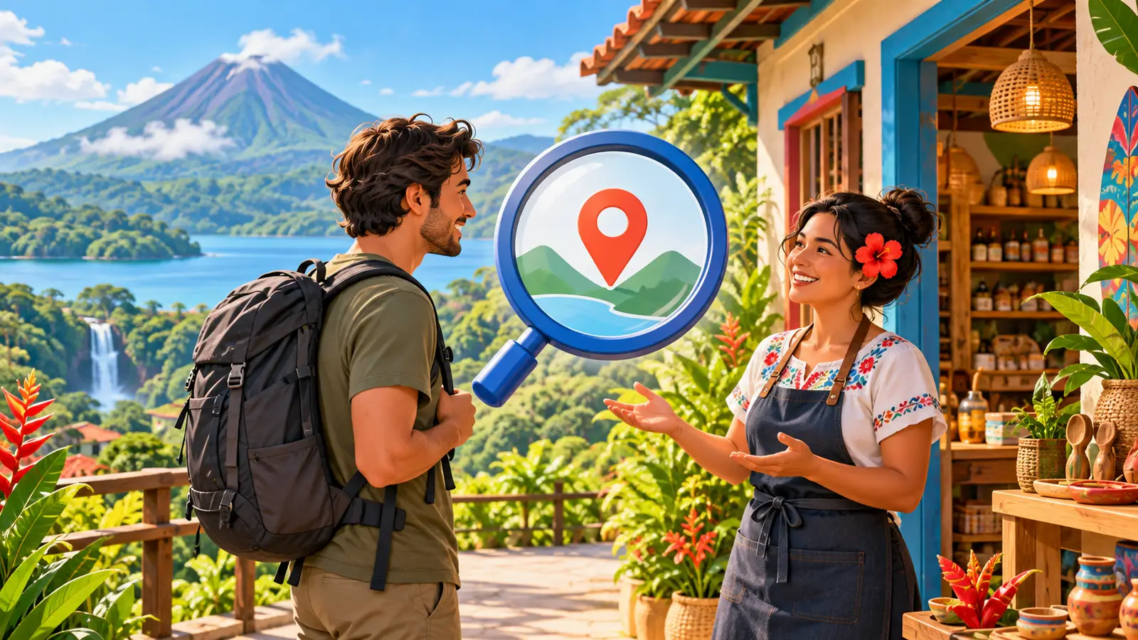 A traveler and a local shop owner in Costa Rica with a magnifying glass over a map pin