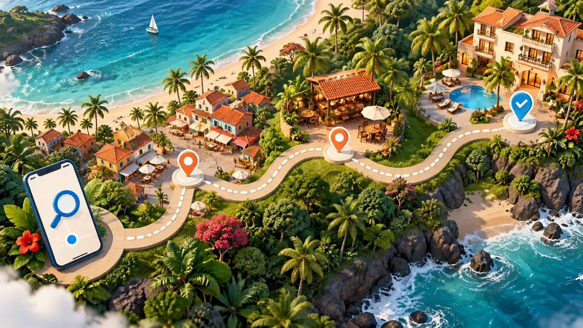 A path from a phone with a magnifying glass to a beach town, a café and a hotel